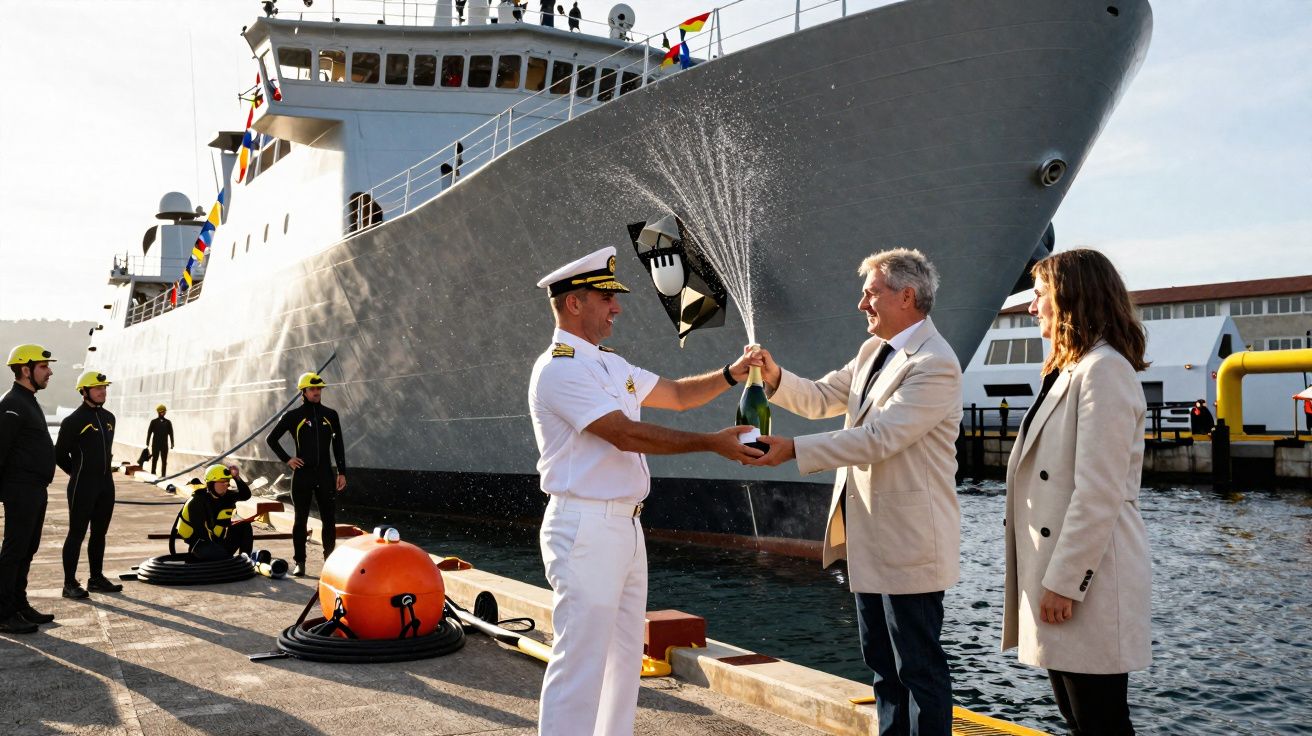 Marinheiro e homem celebram batismo de navio com espumante na frente de embarcação no porto, enquanto outras pessoas observam