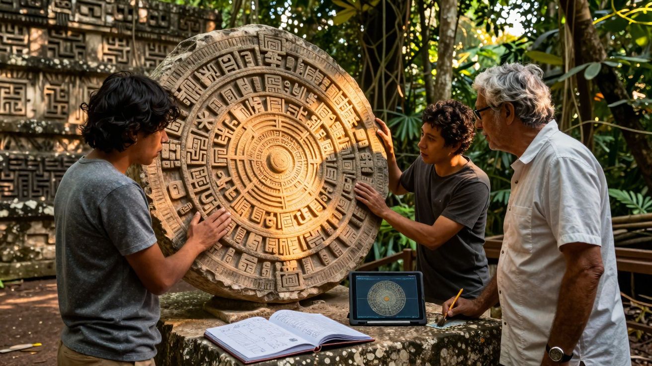 Três homens estudam uma réplica da pedra do sol asteca em ambiente aberto com caderno e tablet apoiados.