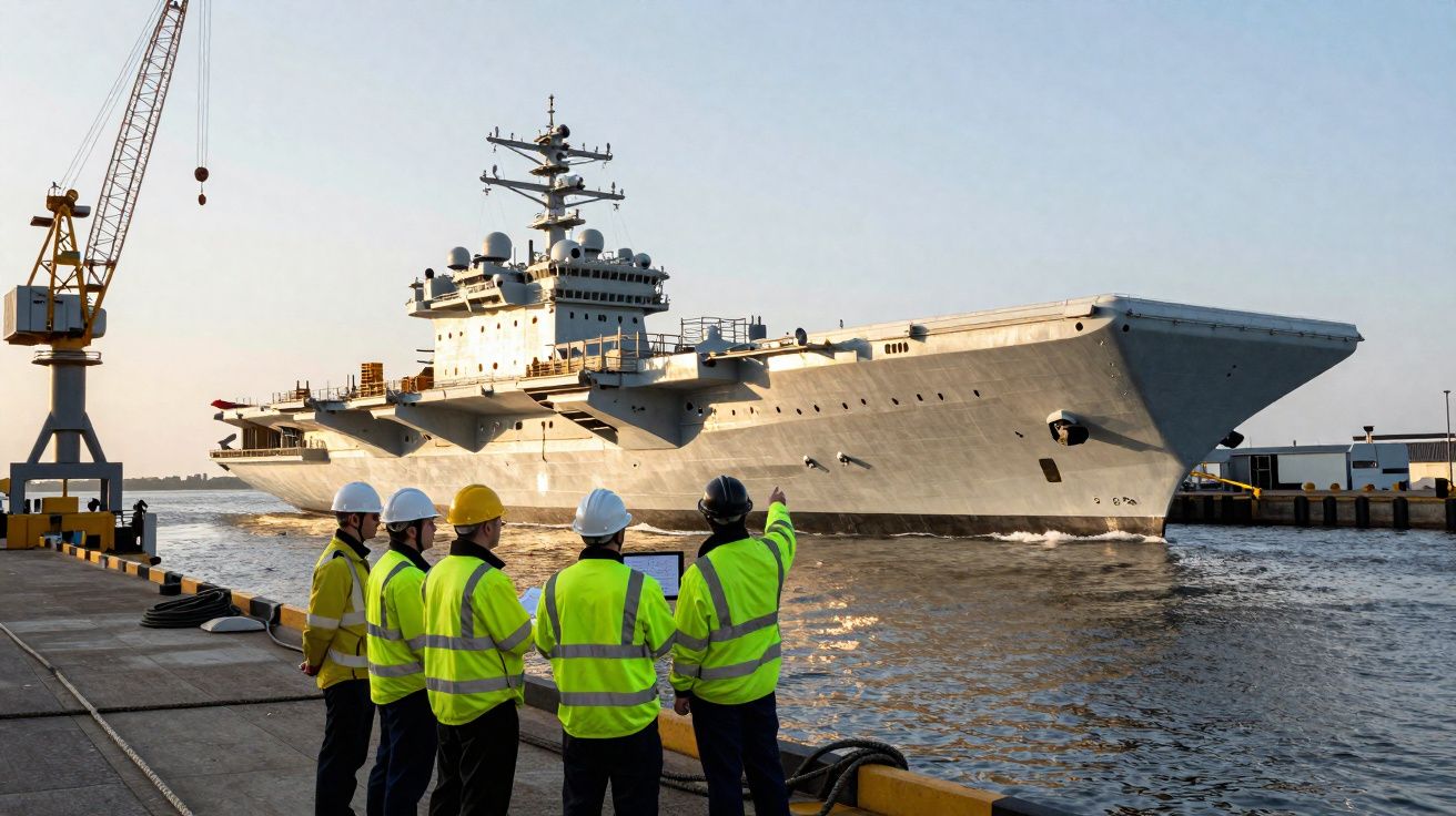Cinco trabalhadores com coletes e capacetes observam porta-aviões militar chegando ao porto ao pôr do sol.