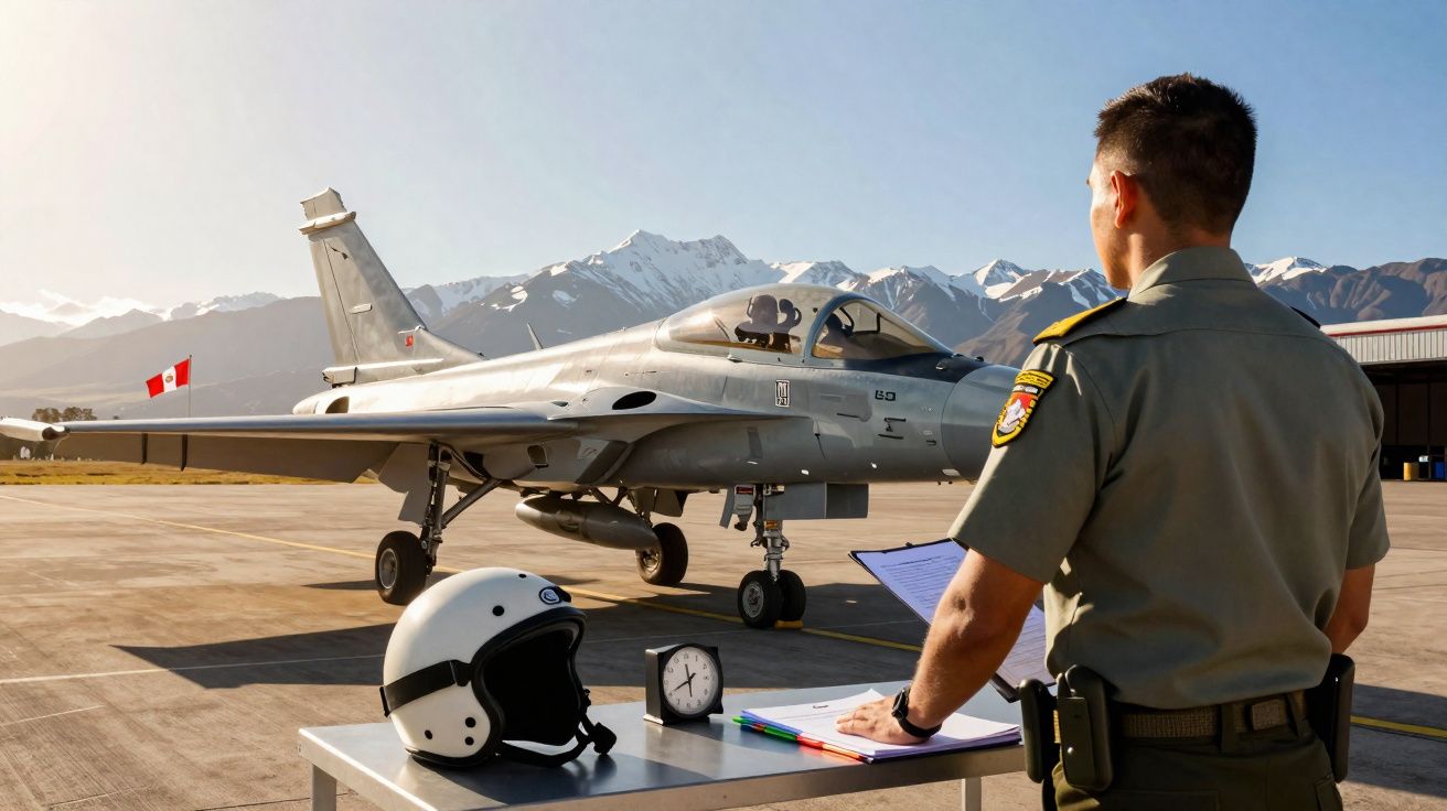 Militar observa caça em pista de aeroporto com capacete e relógio sobre mesa, ao fundo montanhas nevadas e bandeira do Peru.