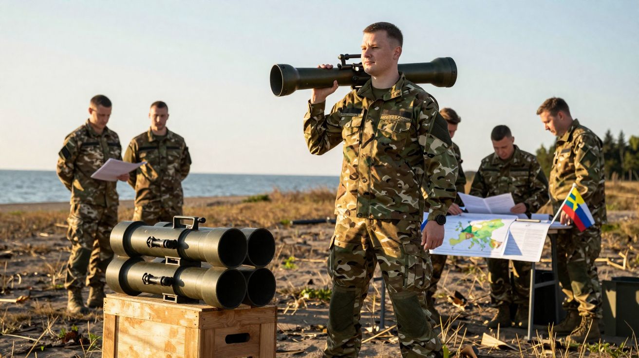 Militares em uniforme camuflado em área aberta com equipamento e mapas de estratégia.