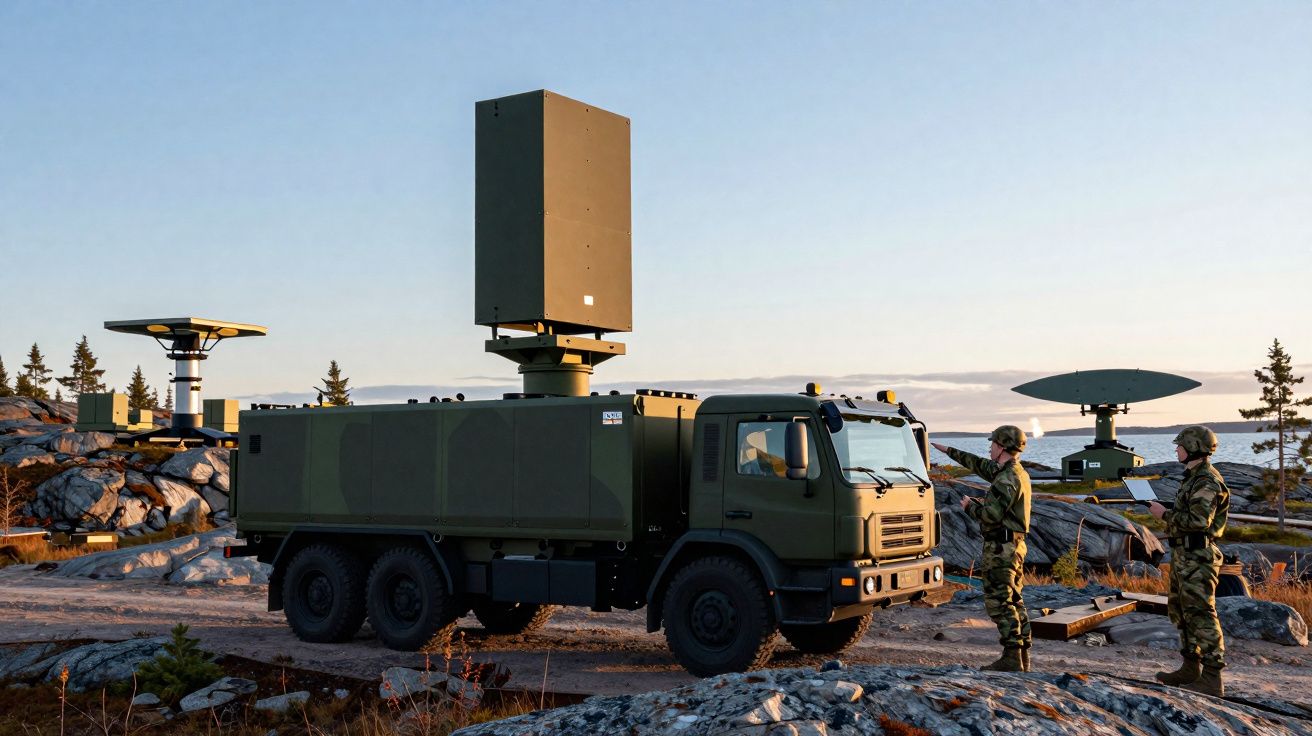 Veículo militar equipado com radar e dois soldados em área rochosa ao entardecer.