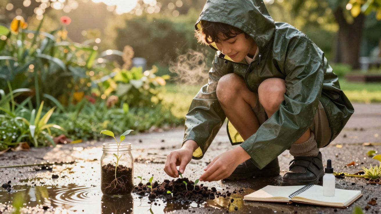 Criança com capa verde plantando mudas no chão molhado em ambiente ao ar livre com caderno aberto ao lado.