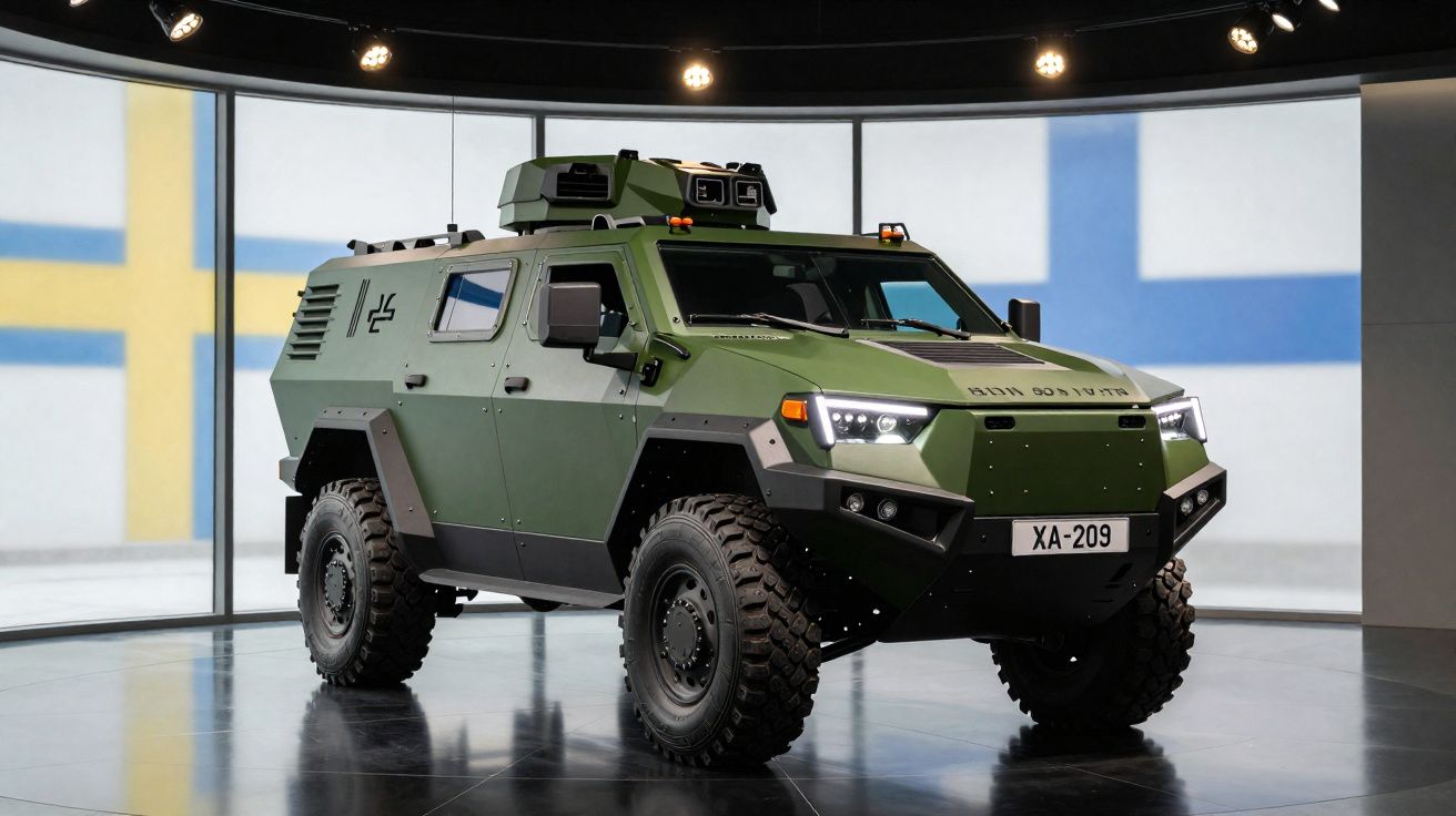 Veículo blindado militar verde com pneus robustos em exposição interna com iluminação superior.