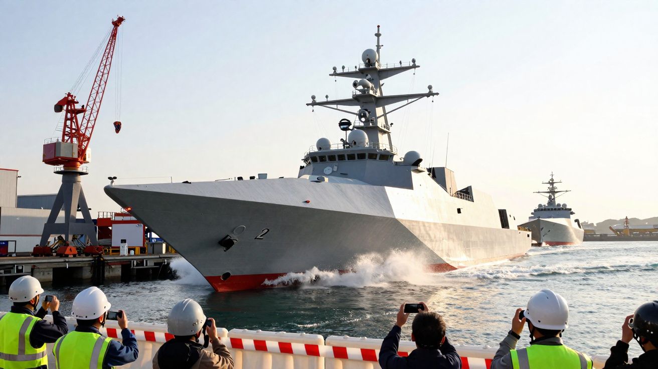 Navio de guerra cinza saindo do porto com pessoas usando capacetes e coletes refletivos fotografando.