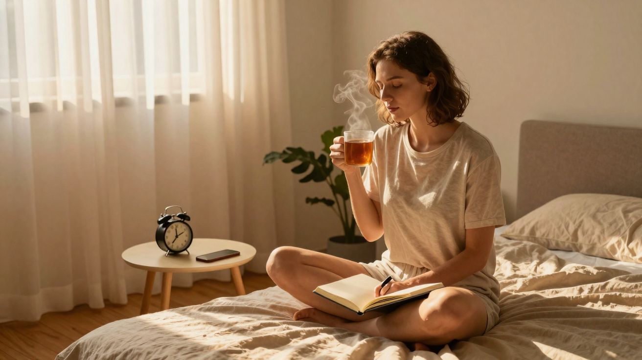 Mulher sentada na cama, segurando xícara de chá quente e escrevendo em caderno, luz natural ao fundo.