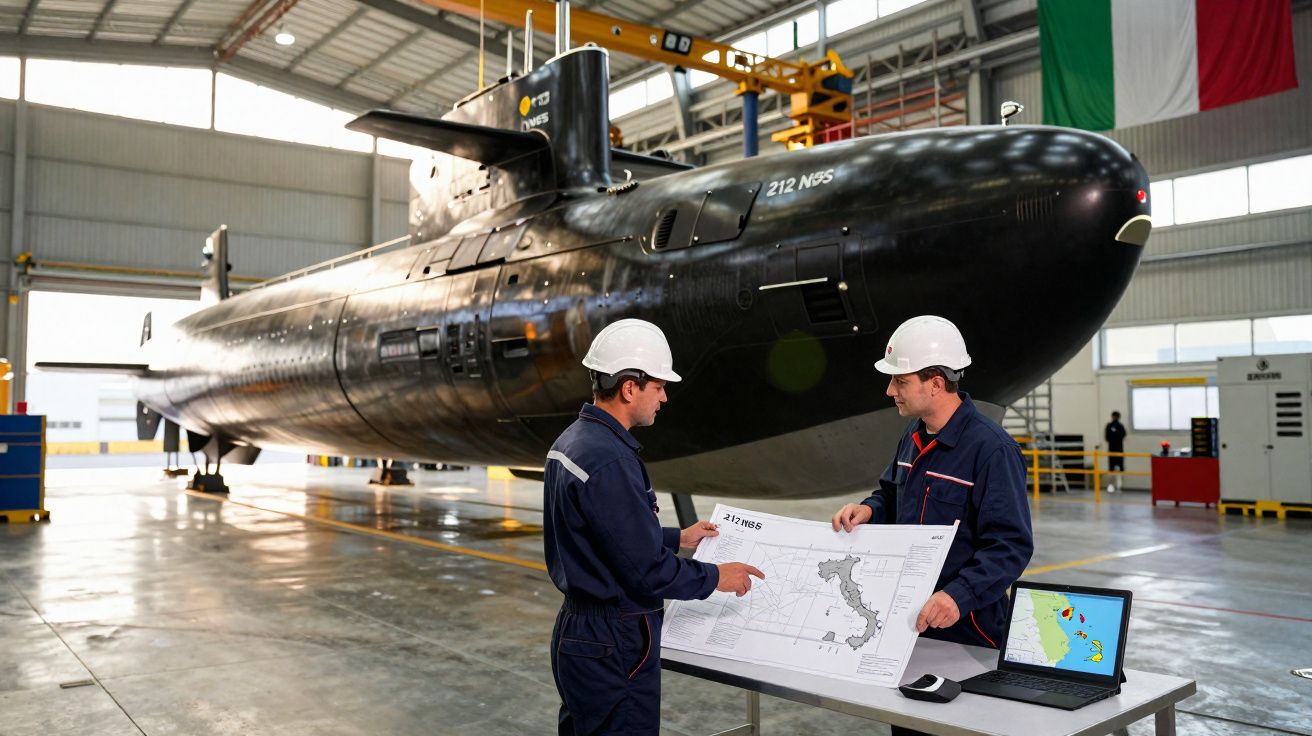 Dois engenheiros em capacetes brancos analisam mapa ao lado de submarino preto em hangar industrial.