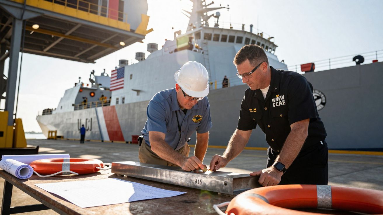 Dois homens com uniforme de segurança avaliam equipamento à beira de um navio militar atracado.