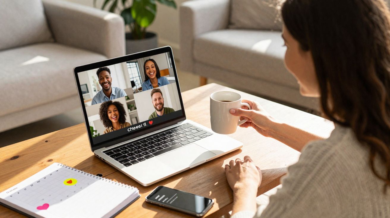 Mulher segura caneca e participa de videoconferência com quatro pessoas em laptop na mesa da sala.