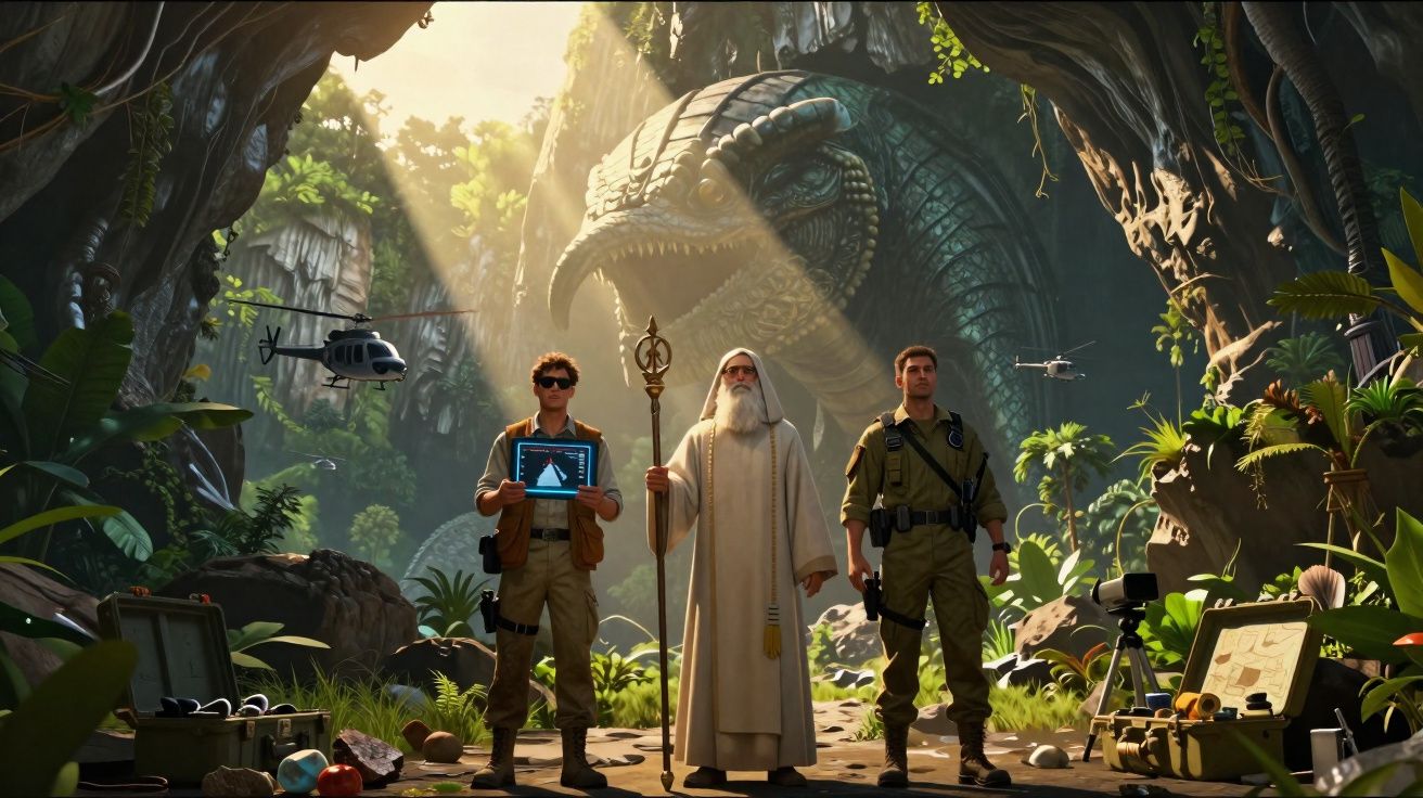 Três homens com equipamentos científicos e militares em caverna com estátua gigante de réptil e dois helicópteros voando.