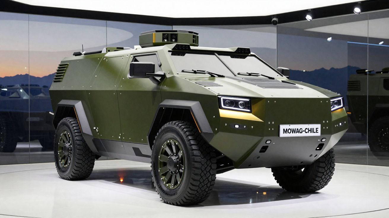 Veículo blindado militar verde da Mowag Chile exibido em salão com vidro ao fundo.