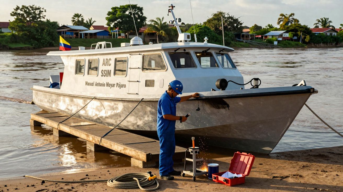 Homem de azul solda peça em frente a barco branco ancorado em rio com casas e árvores ao fundo.