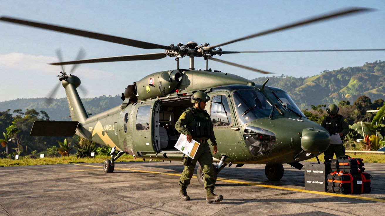 Helicóptero militar verde com duas pessoas em uniforme perto, sobre área de pouso ao ar livre.