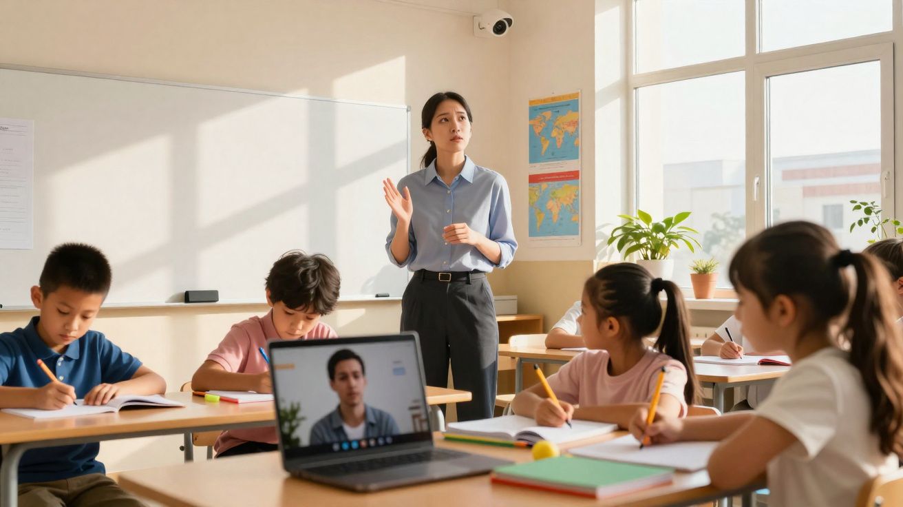 Professora em sala de aula ensina alunos sentados enquanto acompanham aula online em laptop.
