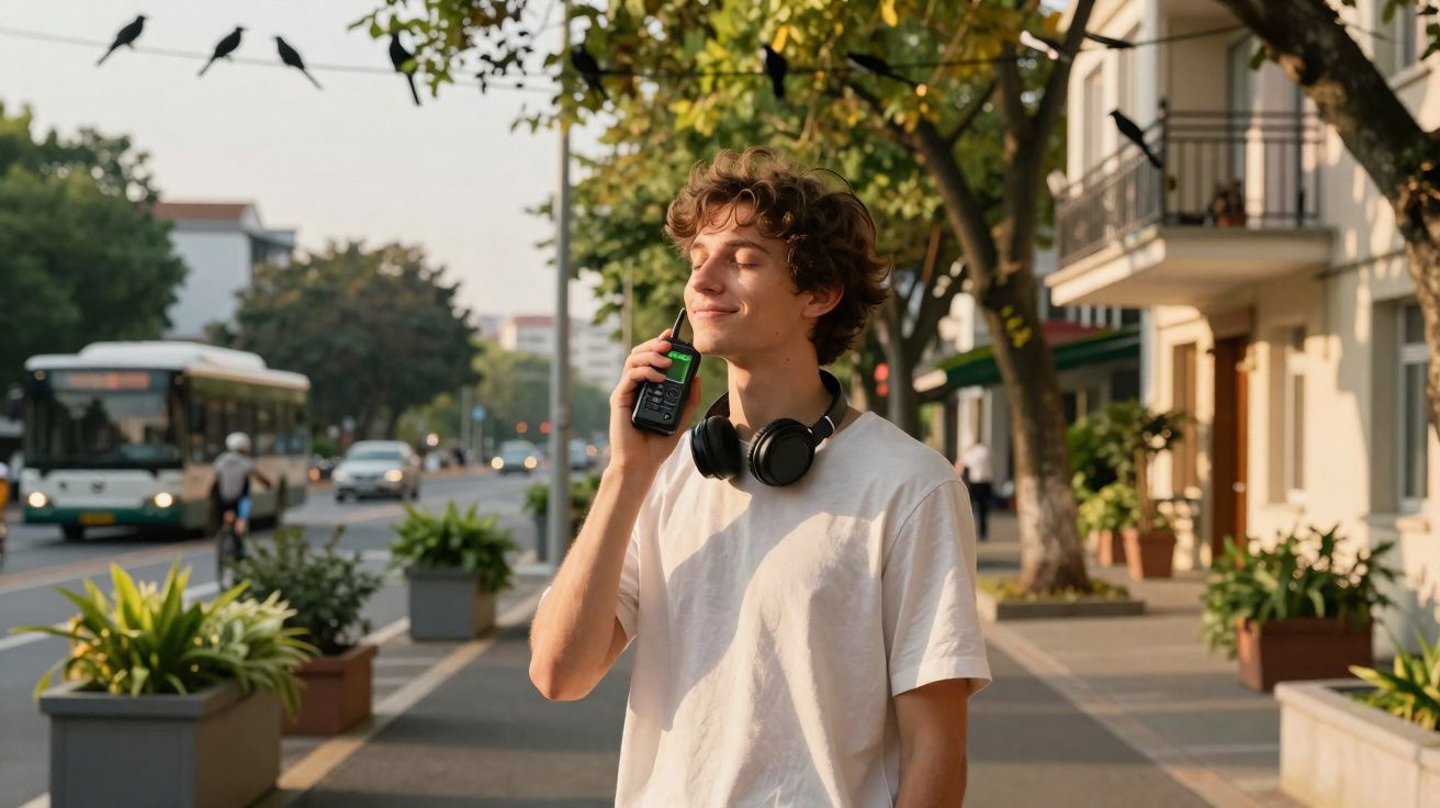 Jovem feliz com fones no pescoço falando em rádio comunicador ao ar livre em calçada com árvores e ônibus ao fundo.
