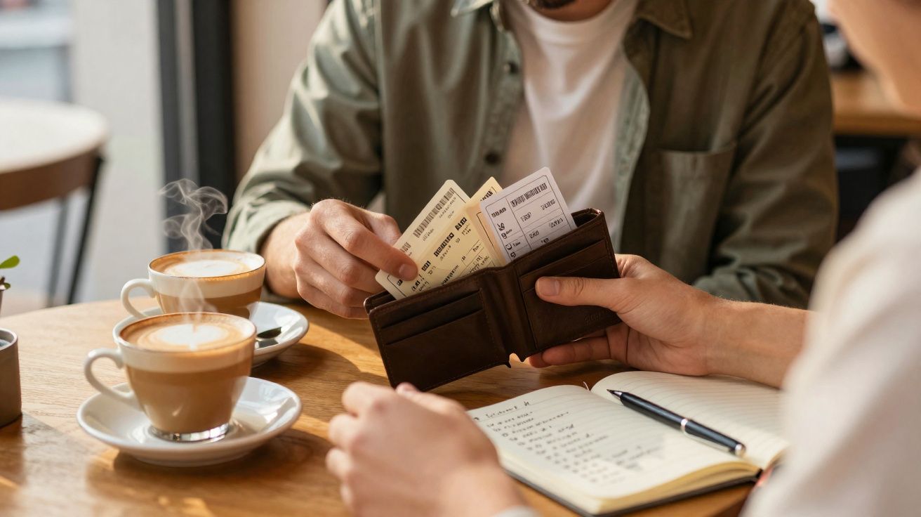 Pessoa segurando ingressos dentro de carteira com café e caderno em mesa de madeira, ambiente de café.