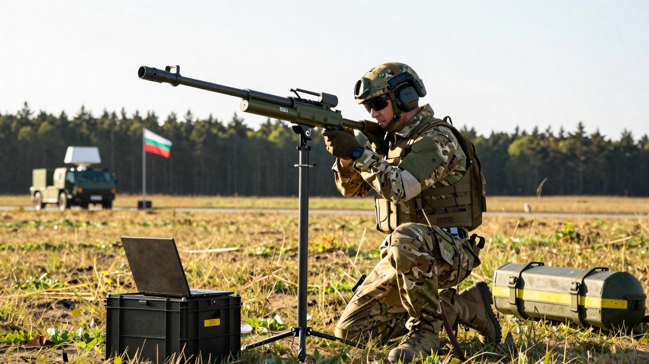 Soldado em uniforme camuflado ajoelhado mira rifle antitanque em campo aberto durante treinamento.