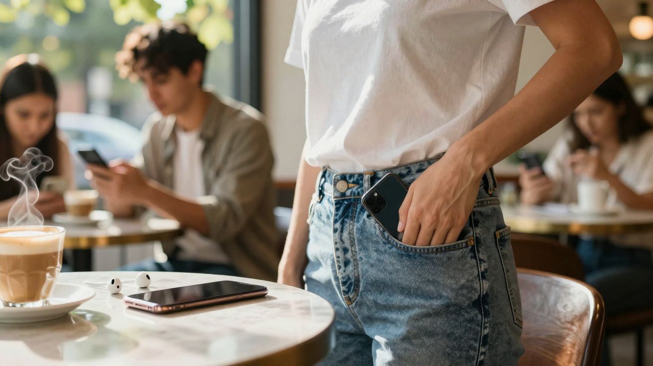 Pessoa guardando celular no bolso de calça jeans em café com outras pessoas ao fundo usando smartphone.