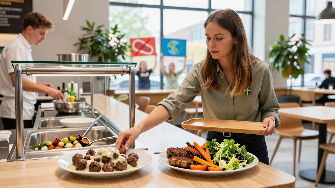 Mulher servindo almôndegas com molho e legumes em bandeja em refeitório iluminado e moderno.