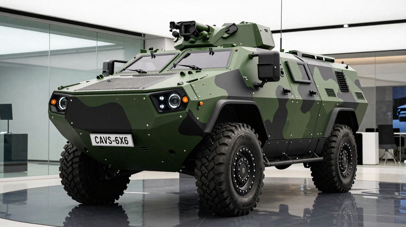Veículo blindado militar camuflado verde com seis rodas exposto em ambiente interno moderno.