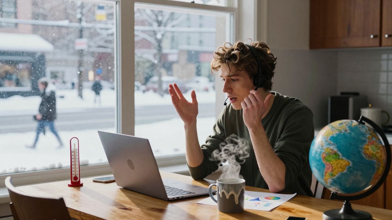 Jovem usando headset trabalha em laptop numa mesa com globo e café, diante de janela com vista para neve.