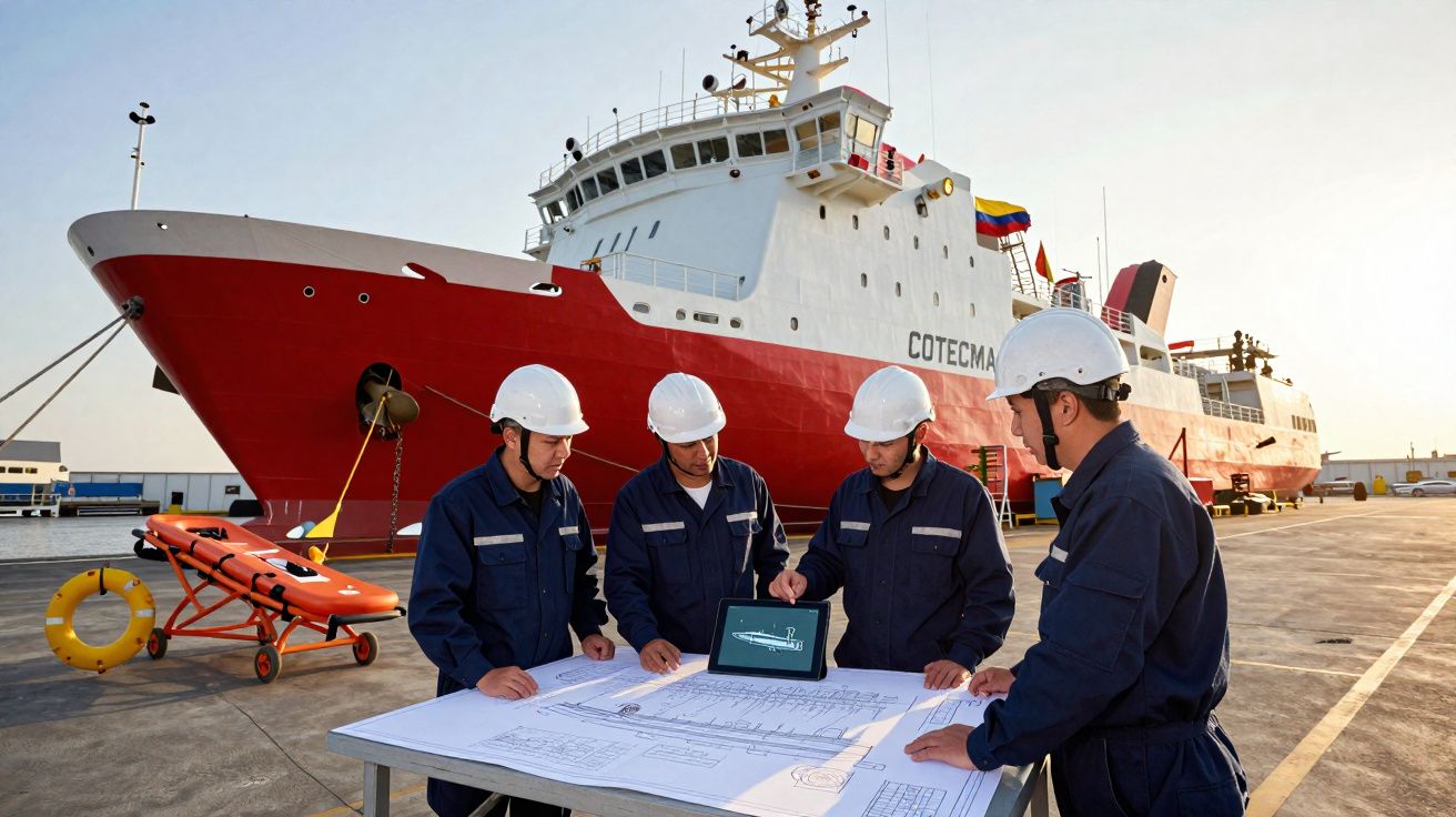 Quatro trabalhadores com capacetes analisam plantas na doca ao lado de um grande navio vermelho e branco.