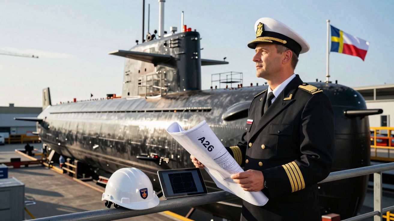Oficial naval com farda segurando planta ao lado de um submarino ancorado em doca.