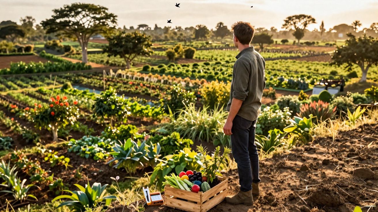 Homem observa horta diversificada ao pôr do sol com caixa de verduras frescas ao lado.