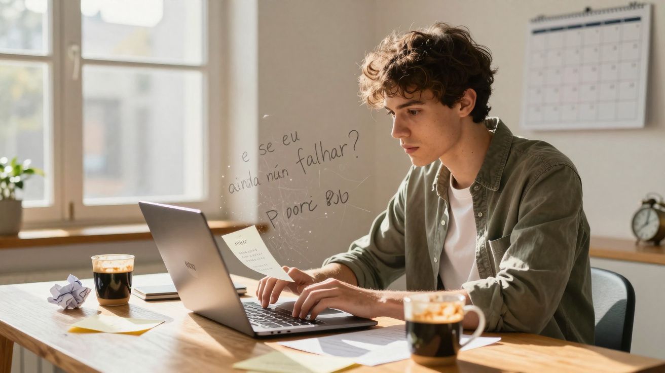 Jovem concentrado trabalhando no laptop em mesa com café, papéis e calendário ao fundo.