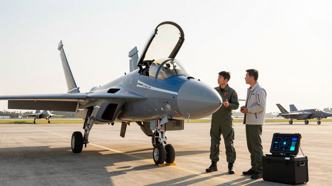 Caças militares estacionados em pista com dois pilotos militares conversando ao lado de equipamento eletrônico.