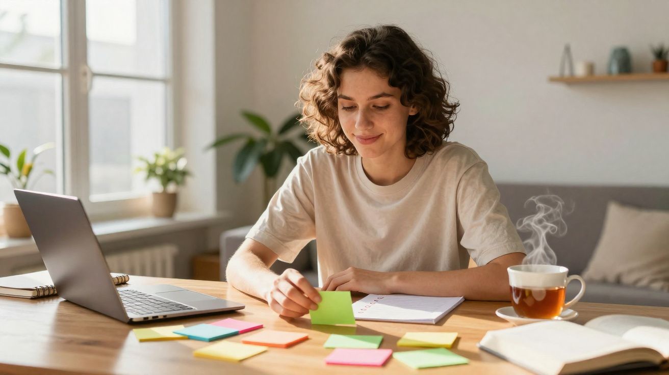 Mulher sorridente organizando notas adesivas coloridas enquanto trabalha em laptop, com xícara de chá ao lado.