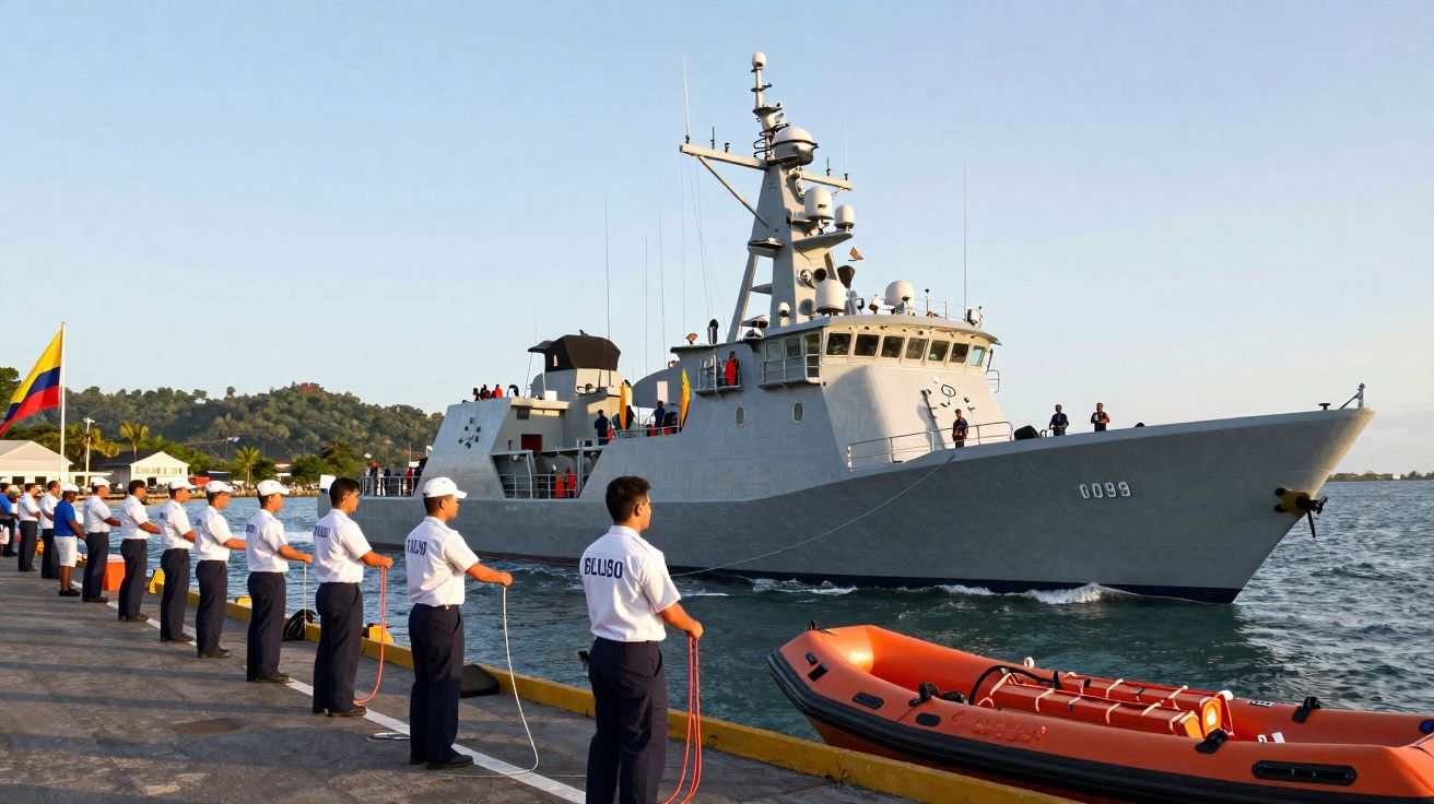 Marinheiros alinhados no porto segurando cordas enquanto navio de guerra cinza se aproxima do cais.