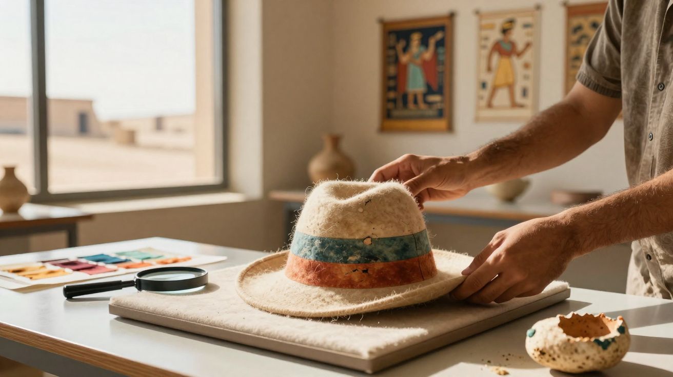 Mãos seguram chapéu artesanal em mesa com lupa, amostras de cor e objetos decorativos em ambiente iluminado.