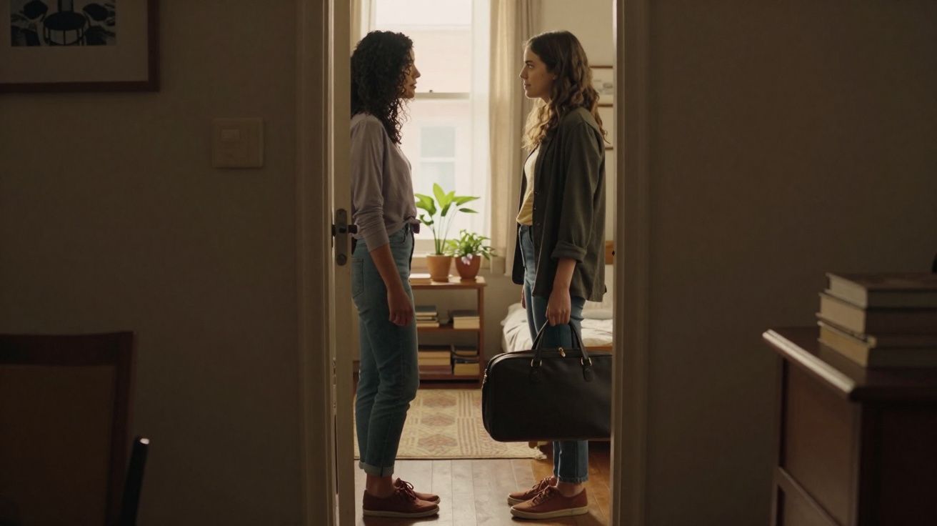 Duas mulheres em pé em frente uma à outra dentro de um quarto, uma segurando uma mala preta.