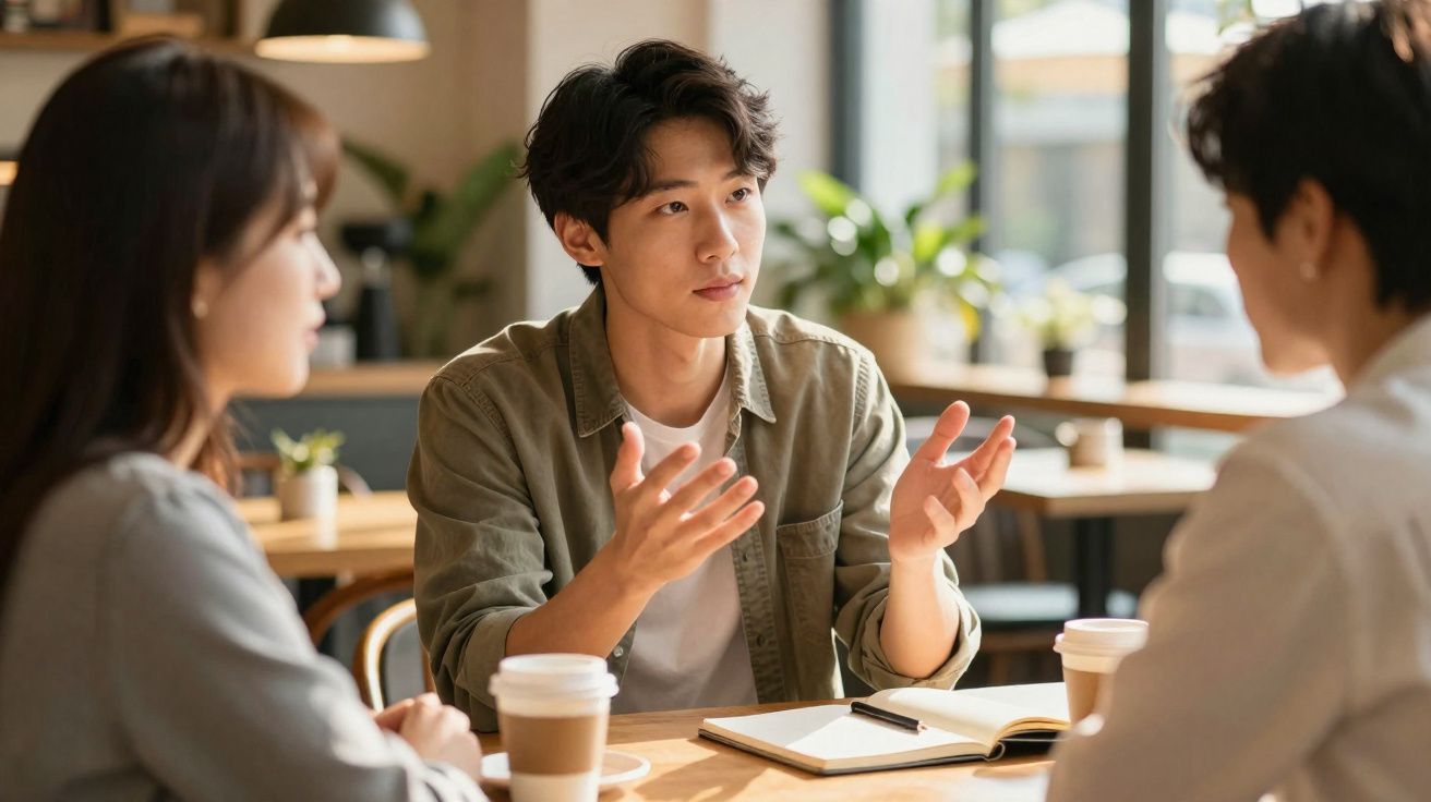Jovem homem gesticulando enquanto conversa com duas pessoas em café, com cadernos e copos de café na mesa.