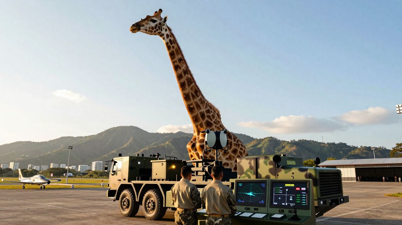 Uma girafa ao lado de militares e equipamentos eletrônicos em um aeroporto com montanhas ao fundo.