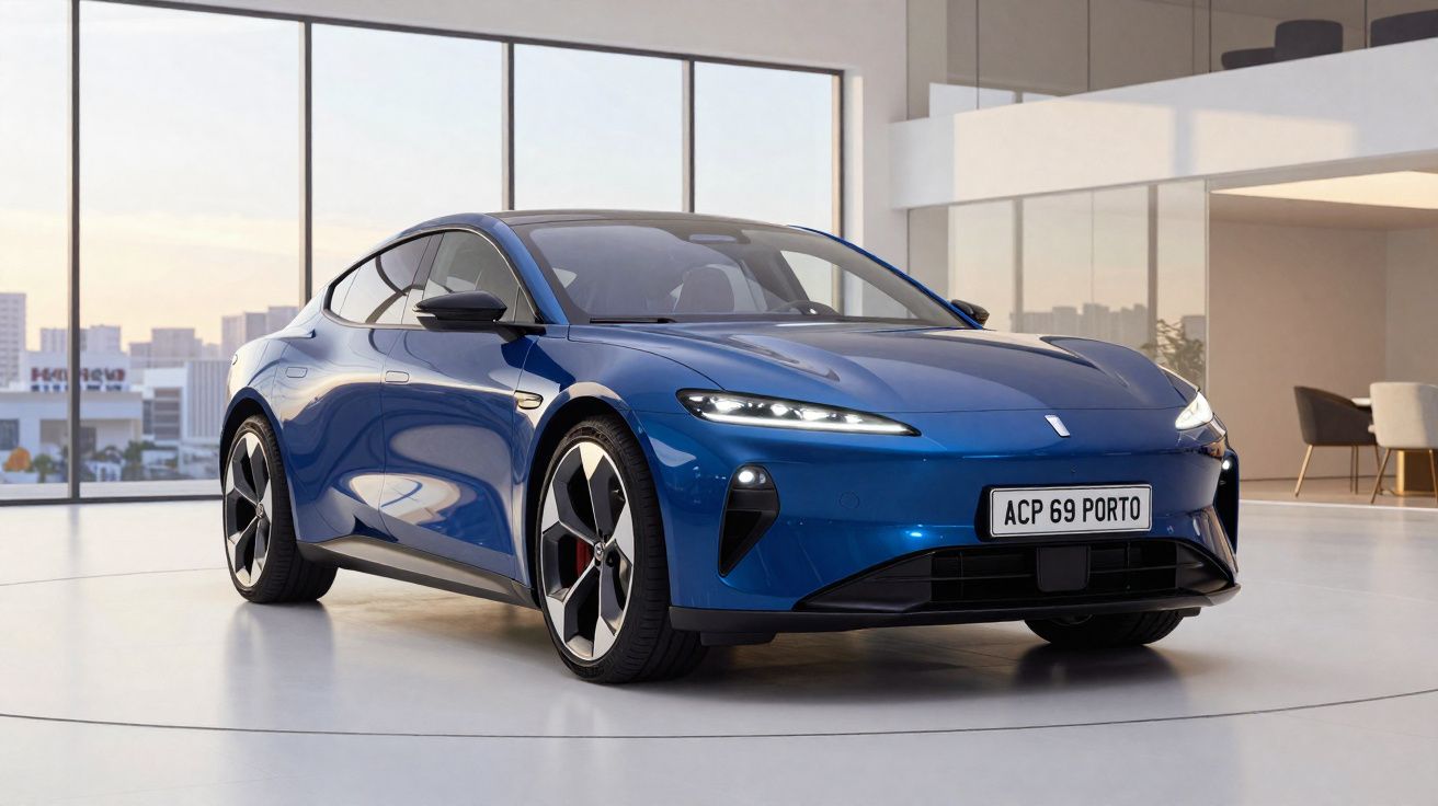 Carro esportivo elétrico azul estacionado em ambiente interno moderno com janelas grandes e poltronas ao fundo.
