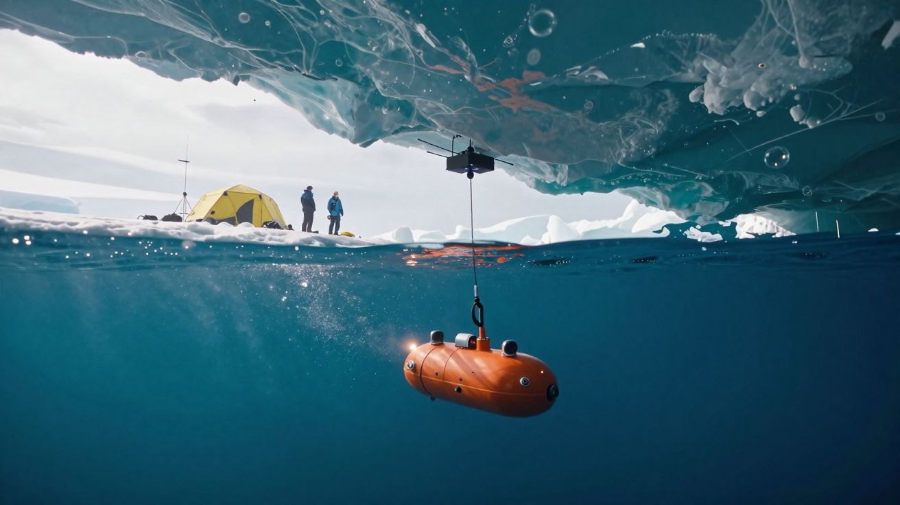 Submarino robótico laranja explorando debaixo do gelo com dois pesquisadores e barraca amarela na superfície.