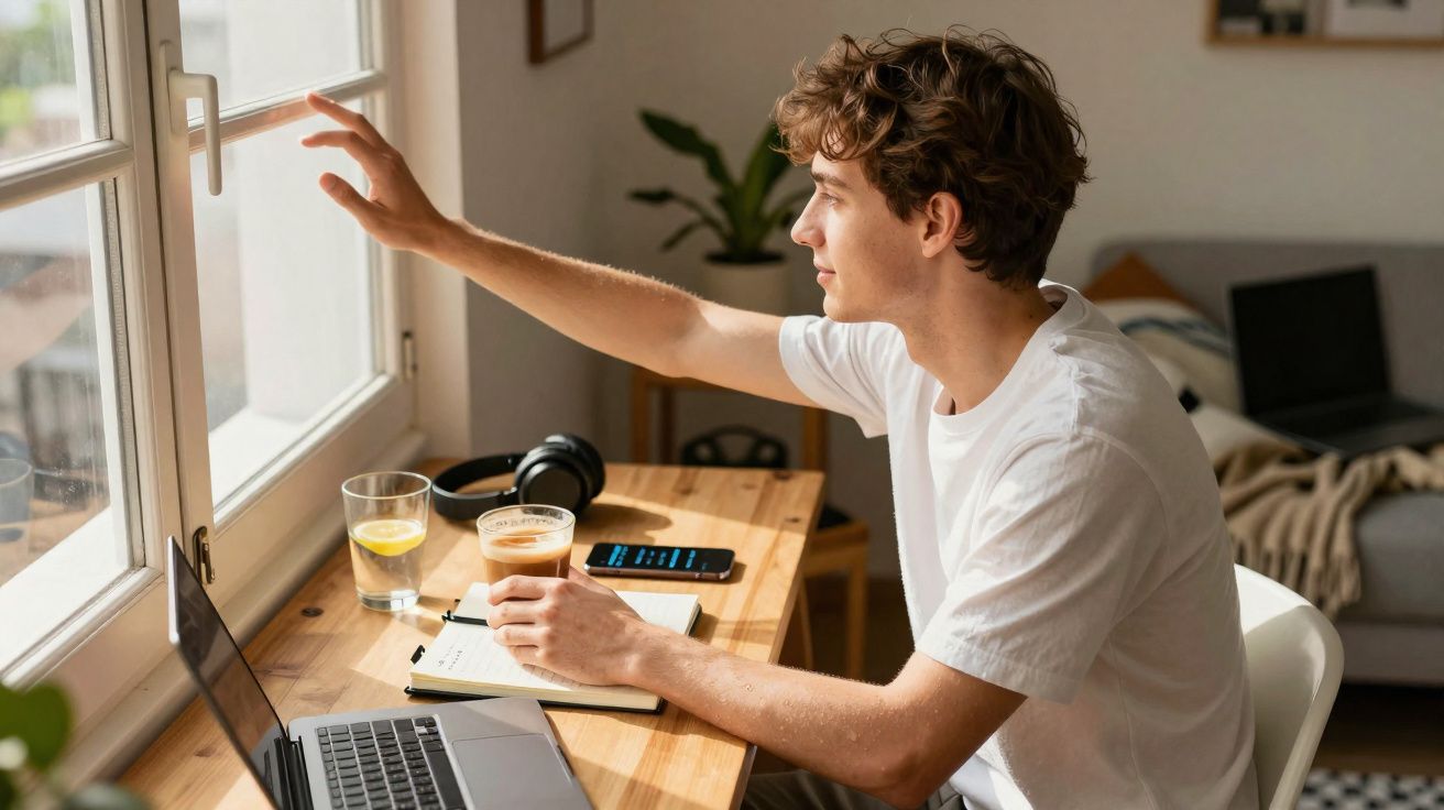 Jovem sentado à mesa abre janela, com laptop, caderno, café e copo d'água com limão.