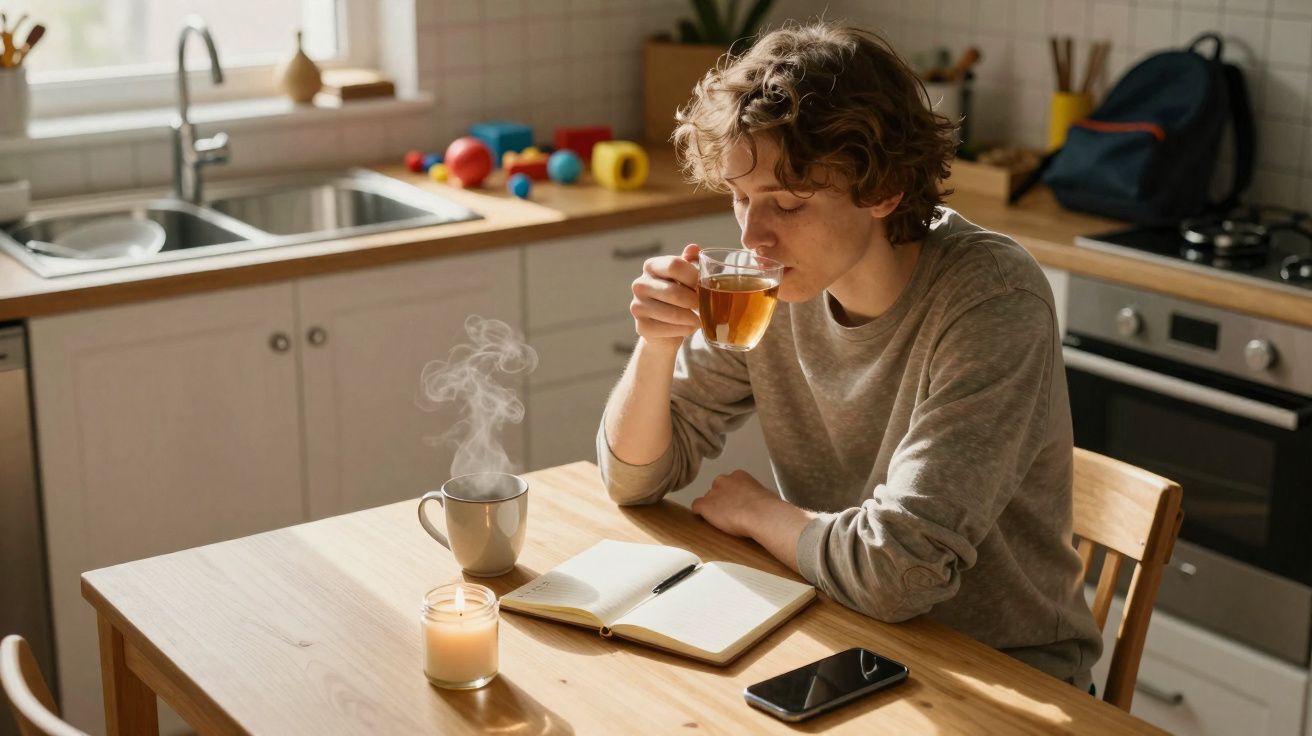 Pessoa jovem sentada à mesa da cozinha, bebendo chá e lendo um caderno aberto com celular ao lado.
