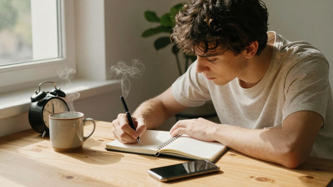 Jovem escrevendo em caderno, com caneca de café, relógio despertador e celular numa mesa de madeira.