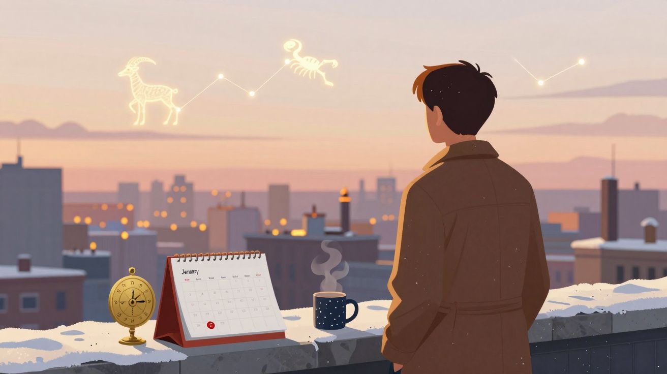 Homem observa constelações do zodíaco ao entardecer na cidade com calendário e bússola ao lado.