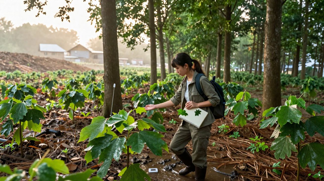 Mulher com mochila analisa folhas em plantação ecológica durante o dia em área arborizada.