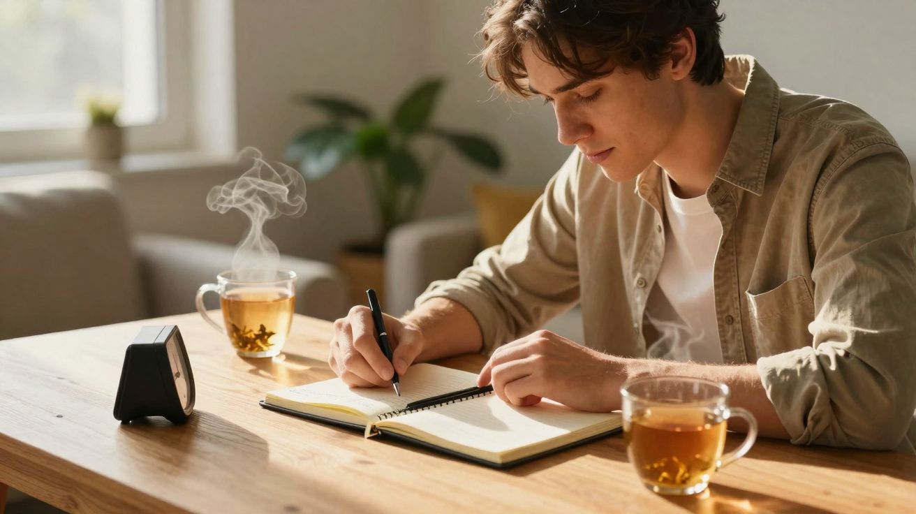 Jovem escrevendo em caderno sentado à mesa com duas xícaras de chá e relógio de tempo no ambiente iluminado.