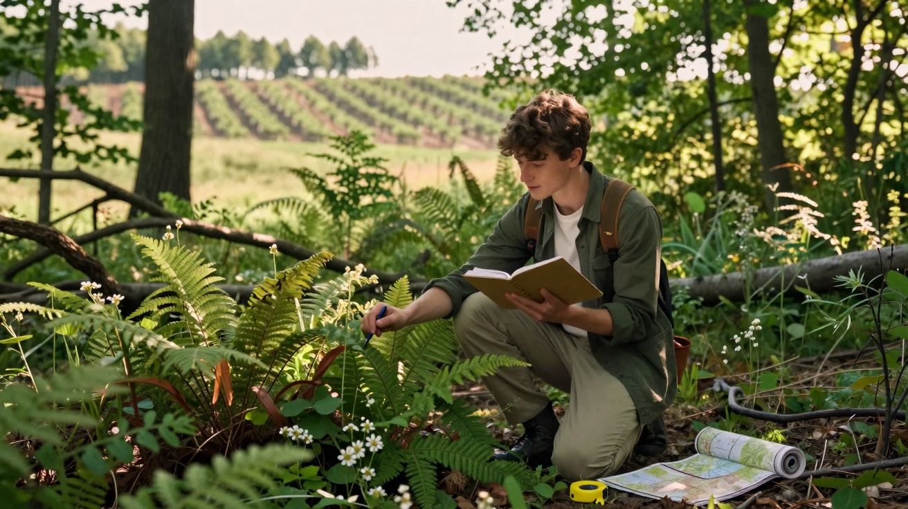 Jovem vestido casual analisa plantas em floresta, com caderno e mapa ao chão, atrás vinhedo ao fundo.