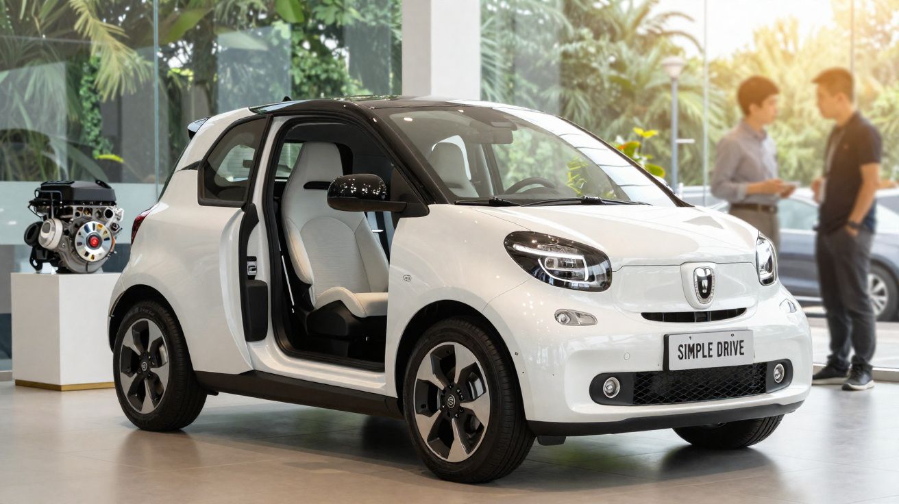Carro elétrico branco com porta aberta exibido em showroom moderno com plantas ao fundo.