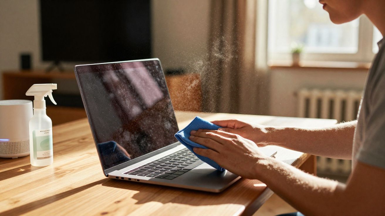 Pessoa limpando a tela de um notebook com pano azul sobre mesa de madeira em ambiente iluminado.
