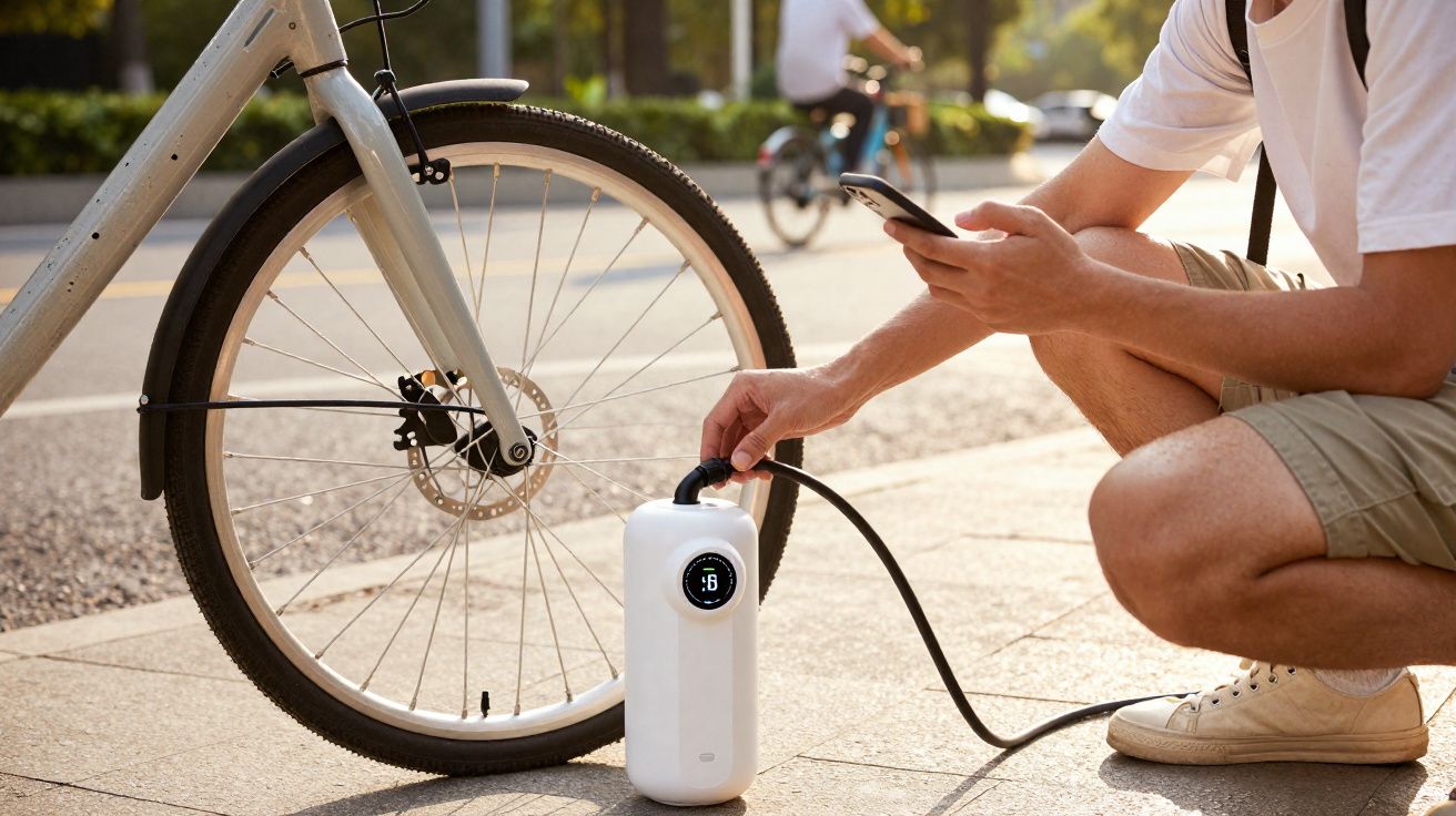 Pessoa agachada usando compressor portátil para encher pneu de bicicleta elétrica ao ar livre.