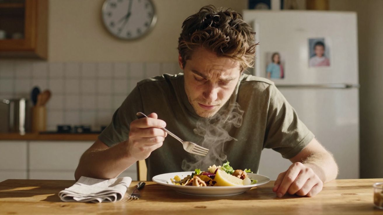 Homem observando com nojo uma refeição quente em um prato na mesa da cozinha.