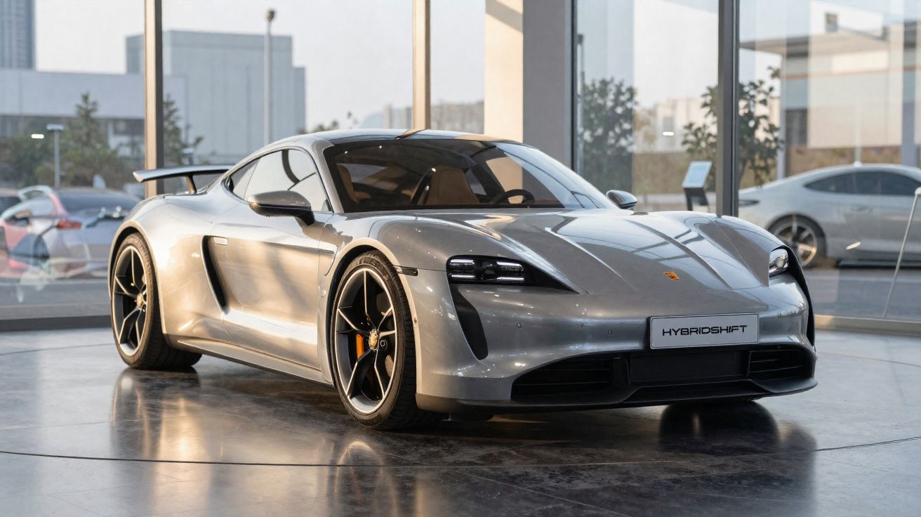 Carro esportivo elétrico prata Porsche Taycan em exposição interna com piso refletivo.